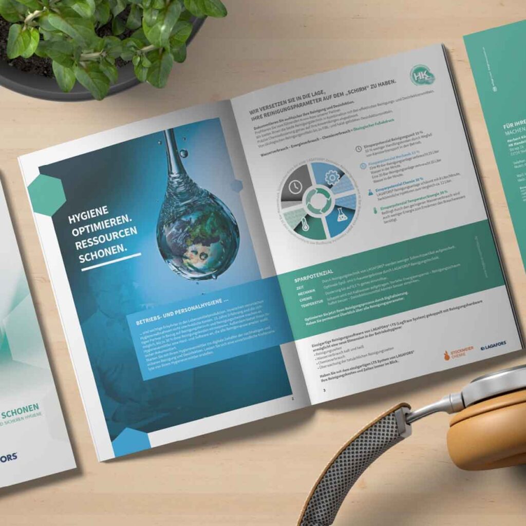 Broschüren Design mit Infografiken und Layout für Industrie und Hygiene Unternehmen